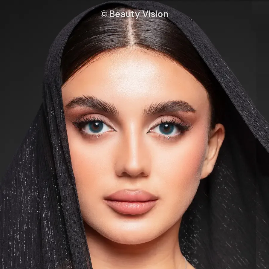Model wearing Elite Sky Blue colored contact lenses
