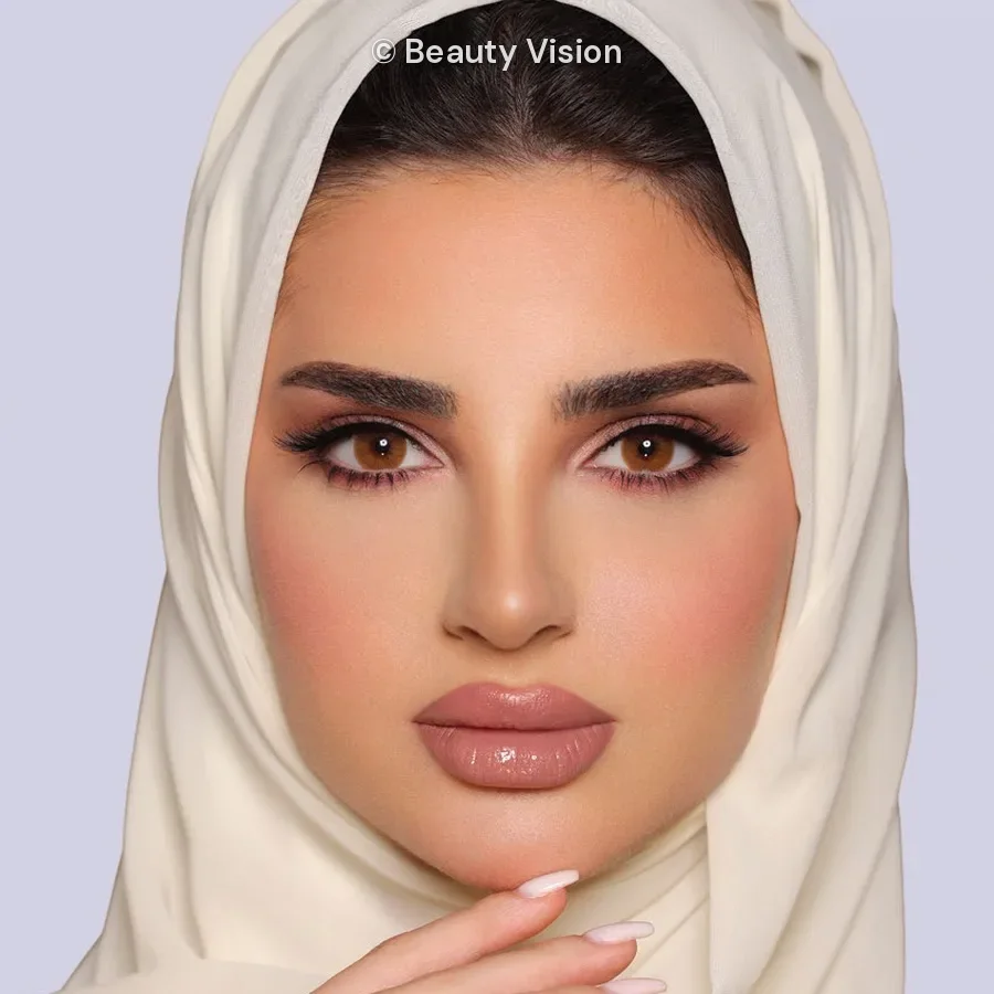 Model wearing Luminous Ocre colored contact lenses
