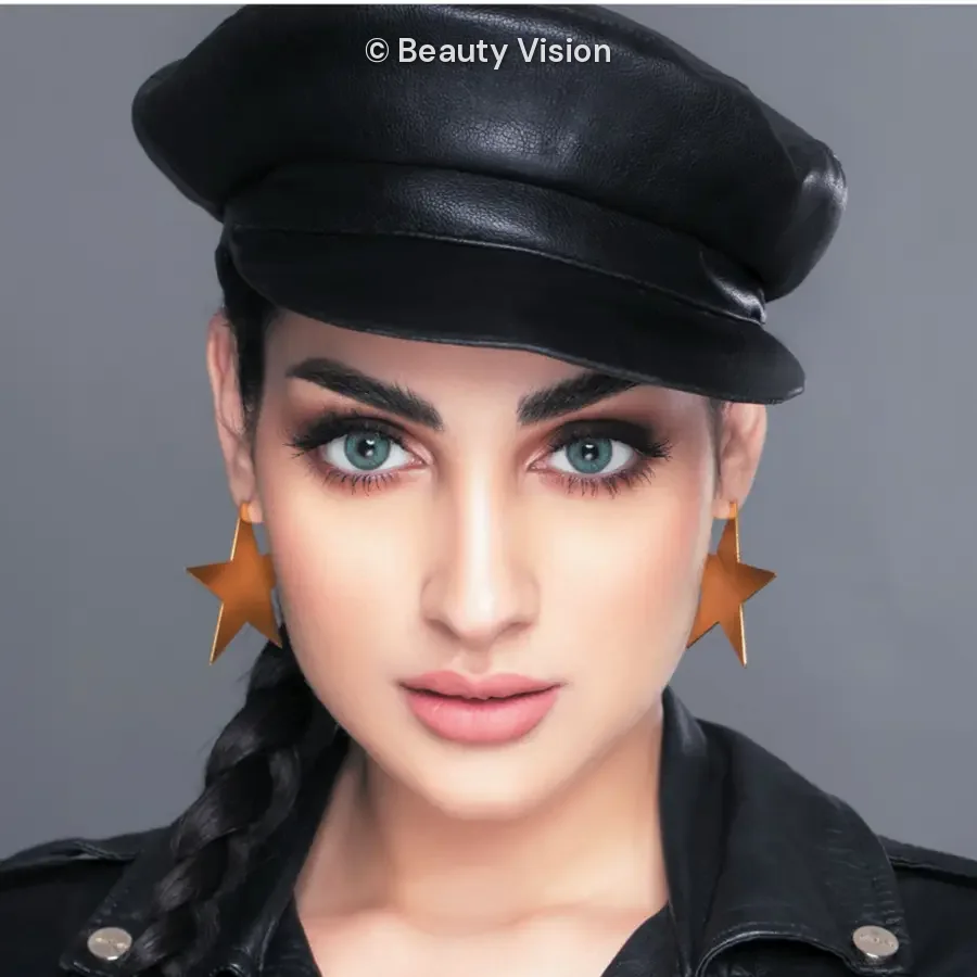 Model wearing MyLense Light Blue colored contact lenses