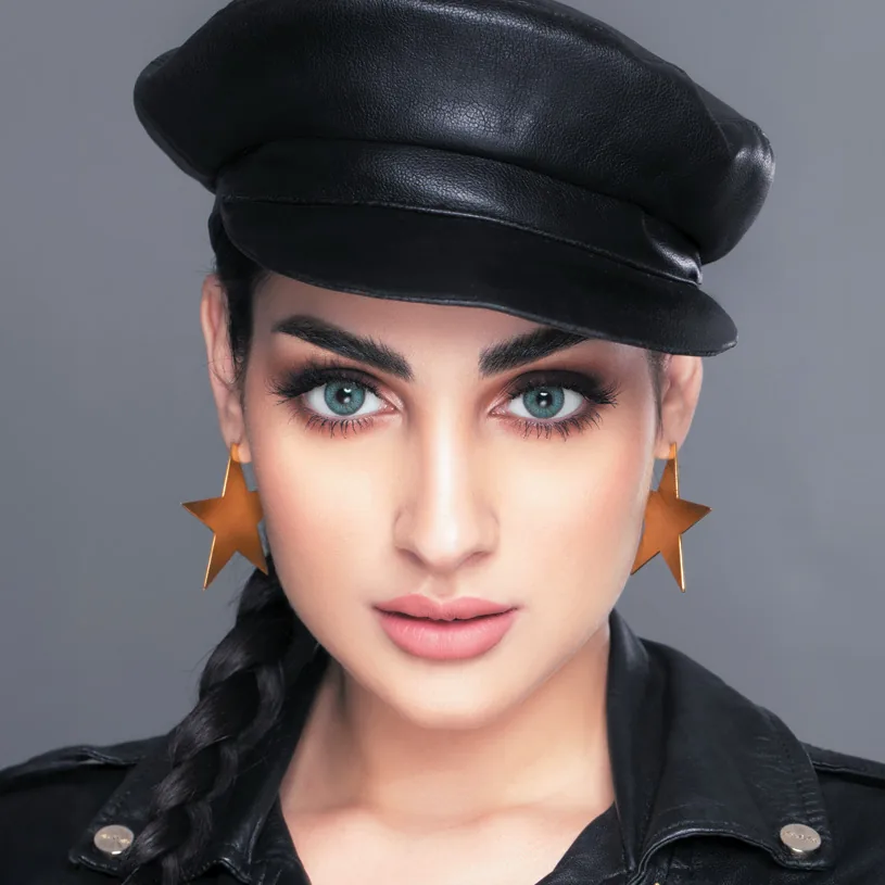 Model wearing MyLense Light Blue colored contact lenses