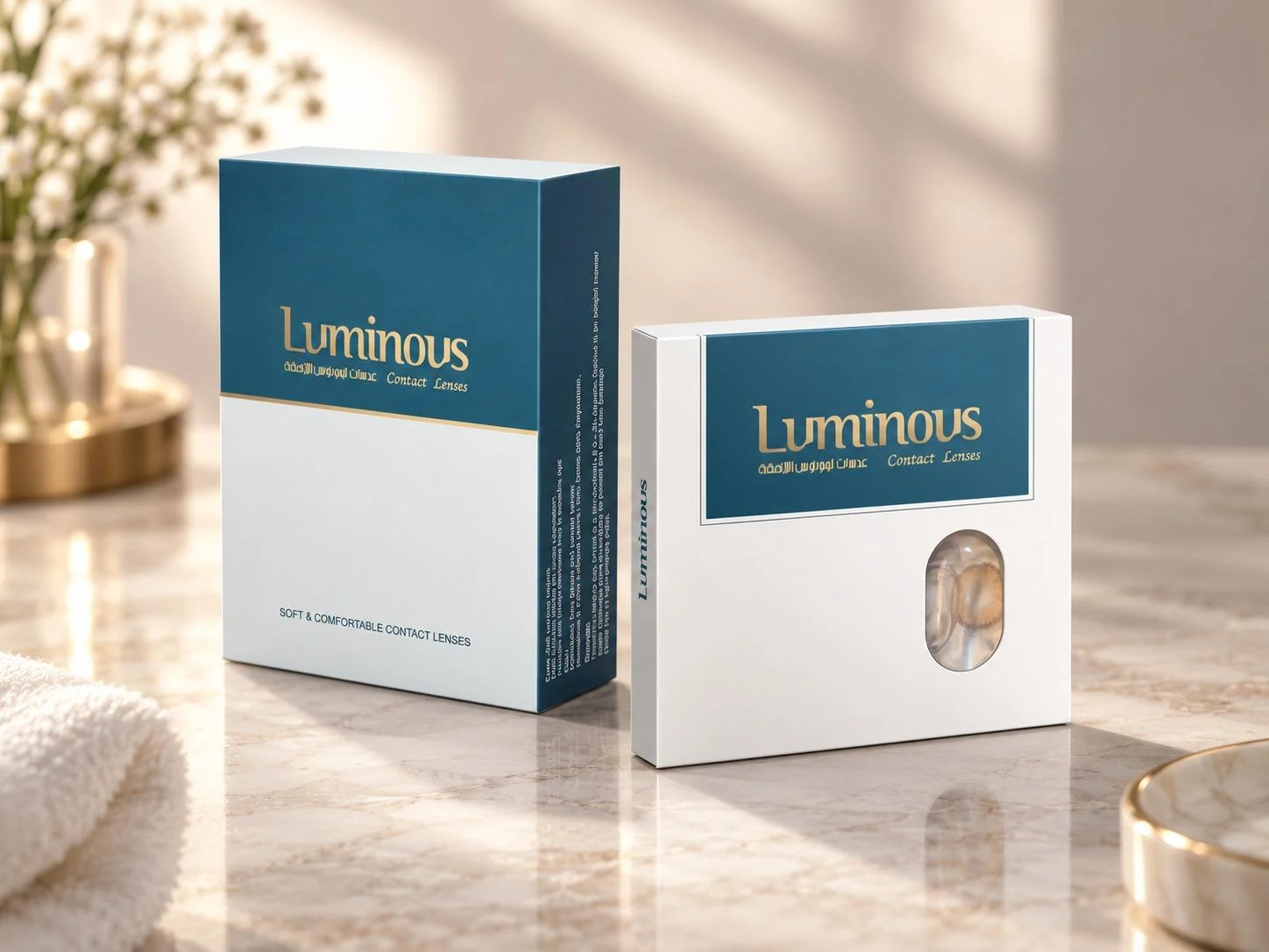 Luminous packaging: monthly box and lens-window box with gold foil logo