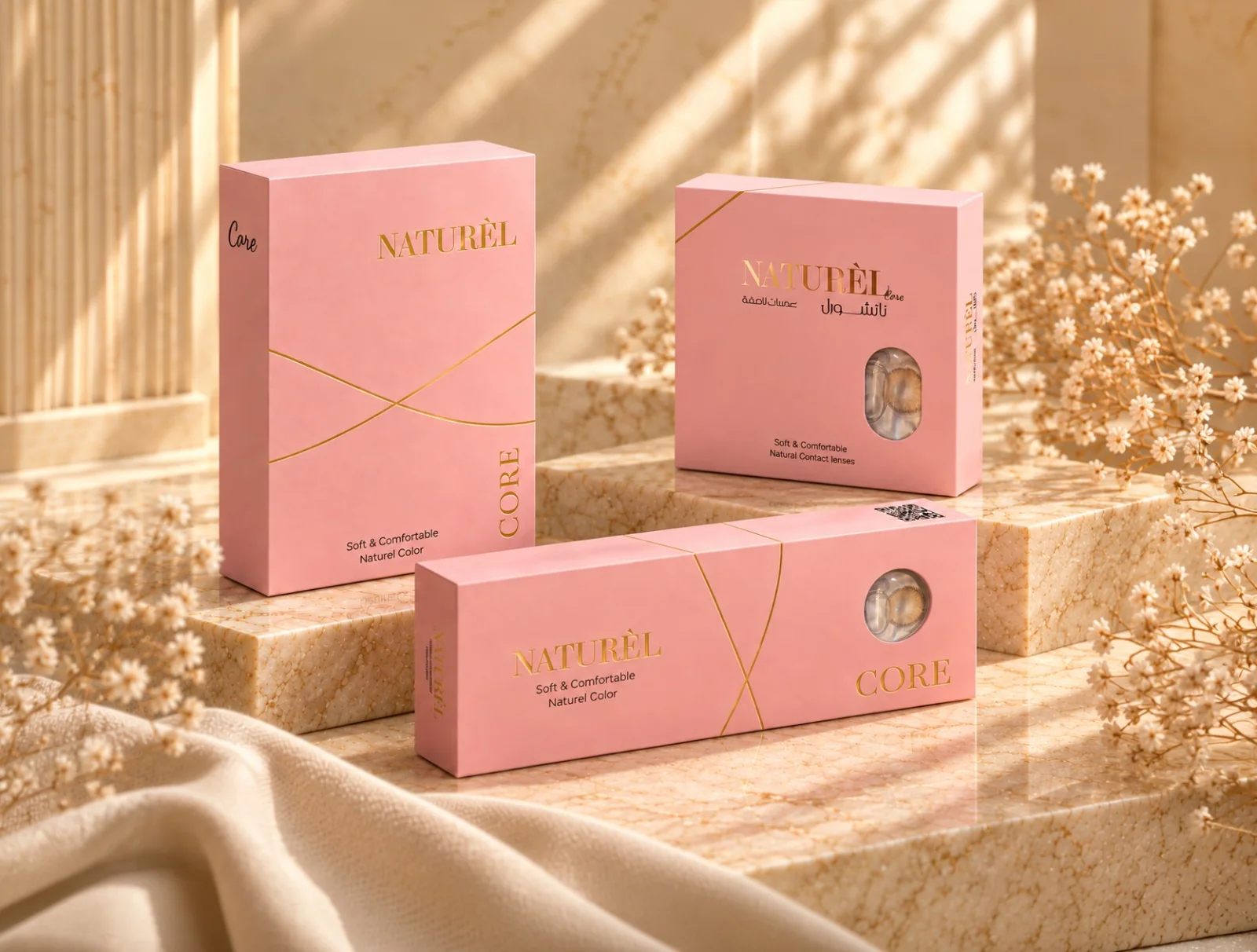 Naturèl Core box and slim pack in powder pink with gold foil
